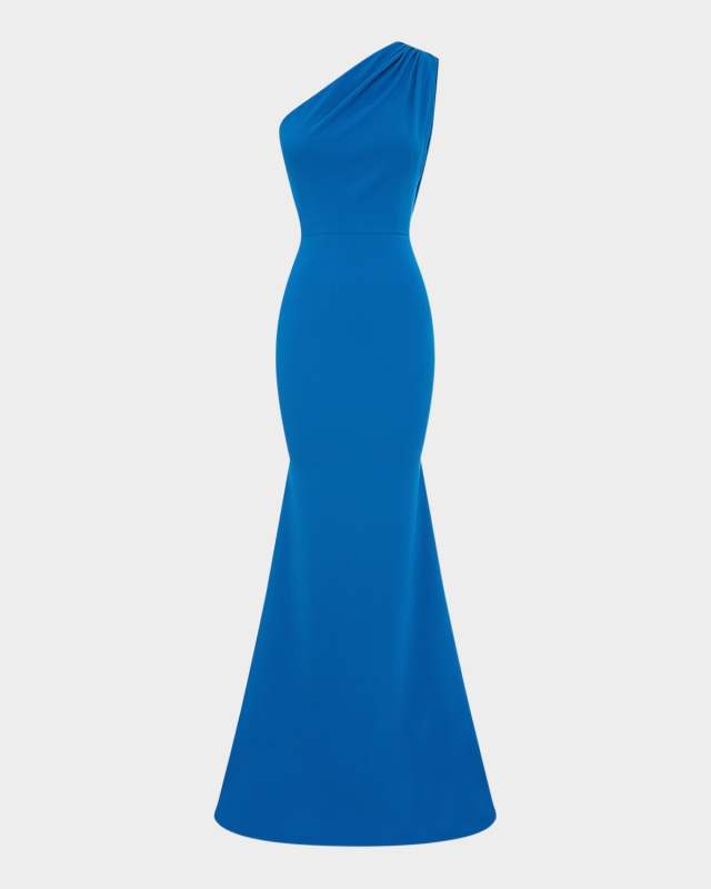 One-Shoulder Drape Crepe Trumpet Gown